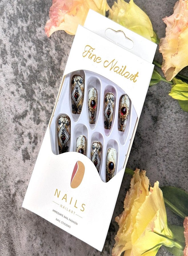 CJDLTS Press on Nails Medium Ballet Shaped Red Rhinestones Golden Totem Pattern Design Acrylic False Nail Full Cover Glossy Artificial Fingernails 24Pcs Reusable Glue on Nails for Women - Image 5
